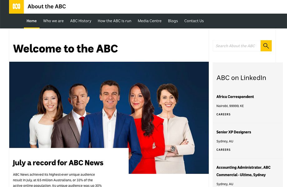 The new ABC font in use on ABC's corporate website