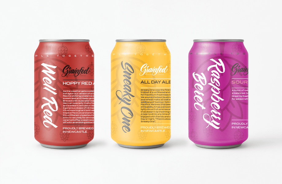 Cans_three-up_WellRed_SneakyOne_RaspberryBeret_Grainfed_beer Cans_three-up_WellRed_SneakyOne_RaspberryBeret_Grainfed_beer